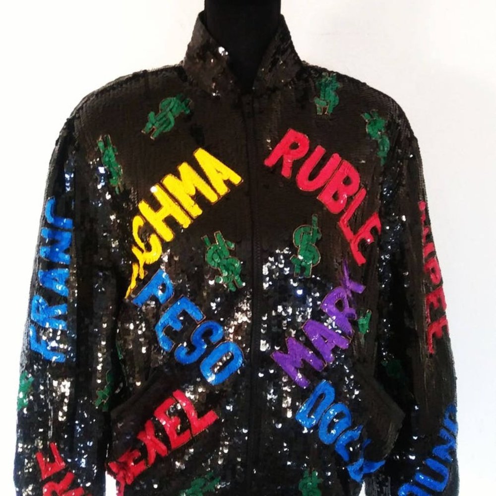 MONEY MAKES the WORLD go Round sequin beaded bomber jacket